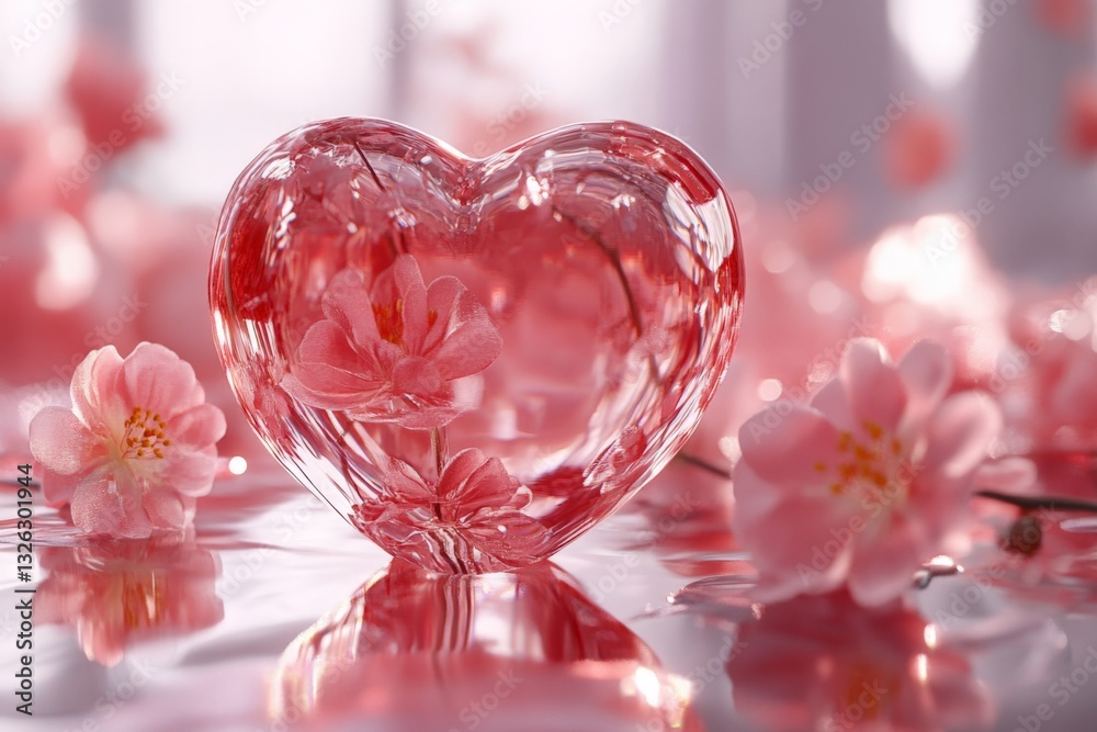 Aufkleber beautiful heart-shaped crystal with pink flowers reflecting on a serene surface in a romantic settin