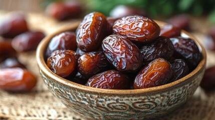 Obraz premium A bowl of dried fruit, including raisins and dates, is sitting on a table