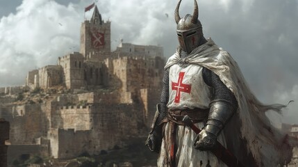 Naklejka premium A goat-headed crusader in a white tunic with a red cross, standing defiantly in front of an ancient stone fortress