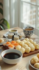 Elegant table display featuring a variety of delicious foods including tempura highlighting crispy texture and aesthetic