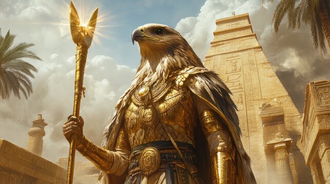 A hawk-headed Mesopotamian god-king in golden armor, holding a radiant staff while standing before an ancient ziggurat