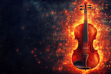 Fototapeta premium Violin with stretched strings on a background decorated in artistic style with scattered golden notes and musical symbols. Poster or banner for a violin concert.