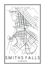 Hand drawn printable downtown road map poster of the Canadian city of SMITHS FALLS on solid white background with city name