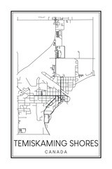Hand drawn printable downtown road map poster of the Canadian city of TEMISKAMING SHORES on solid white background with city name