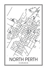 Hand drawn printable downtown road map poster of the Canadian city of NORTH PERTH on solid white background with city name