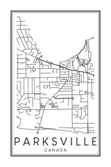 Hand drawn printable downtown road map poster of the Canadian city of PARKSVILLE on solid white background with city name