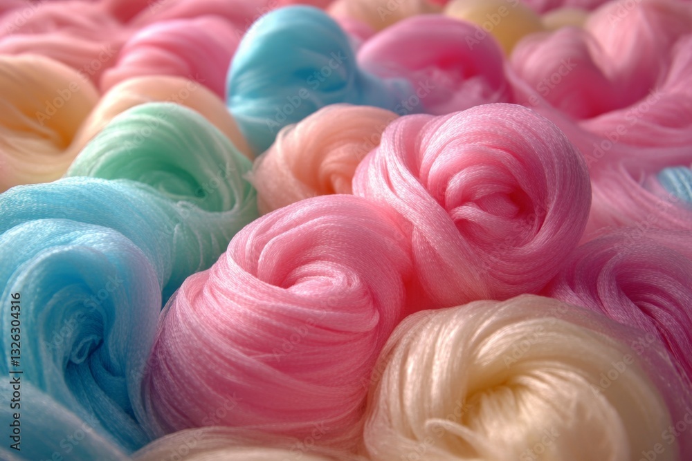 Poster Colorful candy floss swirls create a vibrant display in a soft and fluffy arrangement at a funfair