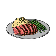 A delicious meal of steak, asparagus and mashed potatoes on a plate.