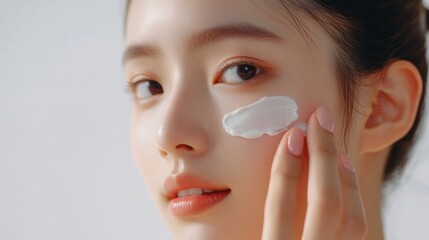 A woman is applying makeup to her face