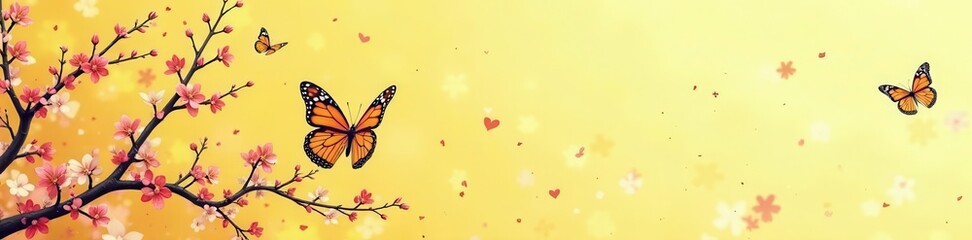Fototapeta premium Intricate line art of blooming branches and butterflies against a soft yellow background, growth, bloom, art