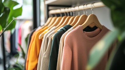 A rack of clothes with a green sweater on the top