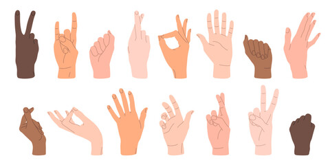 Human hands. Vector illustrations in flat style of different gestures. Cartoon hand-drawn design elements isolated on white background.  Hands in various positions