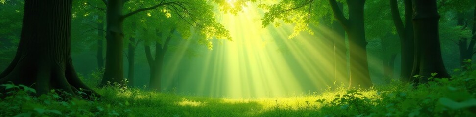 Fototapeta premium Sunbeams dapple vibrant green canopy, magical forest light , ethereal, green, forest