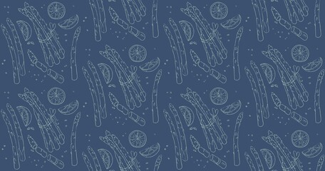 Pattern Asparagus and Lemon. Blue Background, Chalk imitation.