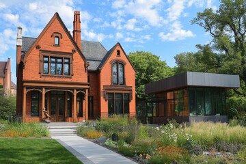 Historic brick house alongside modern glass structure in a lush garden setting under a blue sky