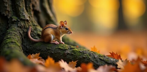 Obraz premium Tiny wood mouse perched on thick tree root, autumn leaves , leaf litter, nature