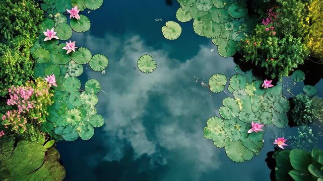 Ethereal aerial view of vibrant lotus flowers blooming amidst lush green leaves in serene water setting, Aerial shot of green lotus leaves and pink lotus covering the entire lotus pond in China