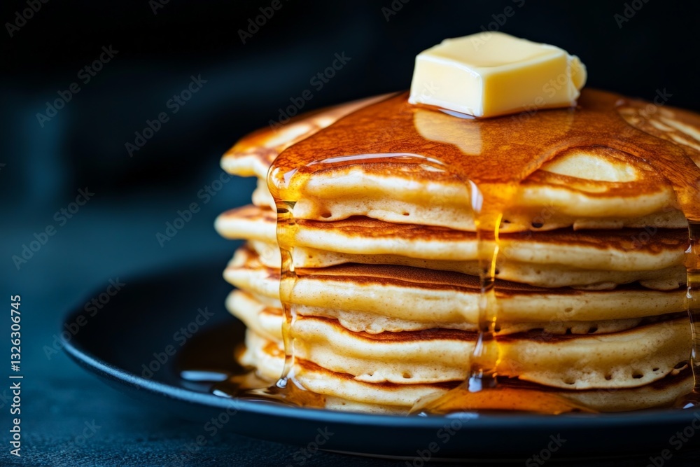 Poster fluffy pancakes stacked high with syrup and butter take center stage on a dark tabletop