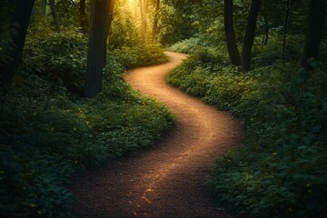 Obraz premium Winding dirt path through lush green forest at sunset with soft golden light