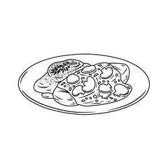 Chicken schnitzel with mashed potatoes and mushroom sauce. Thin line illustration.