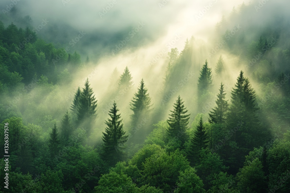 Poster misty forest landscape with sunlight filtering through trees at dawn