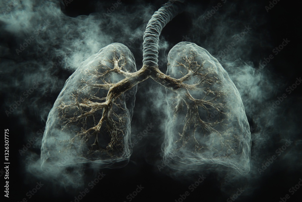 Aufkleber Lungs with intricate branch-like structures amidst swirling vapor in a dark environment