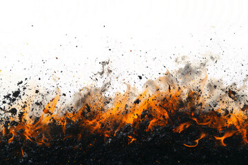 Blazing fire flames with flying sparks and embers, white background