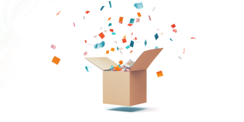 Box with tape flying open, contents spilling out mid-air, isolated on white