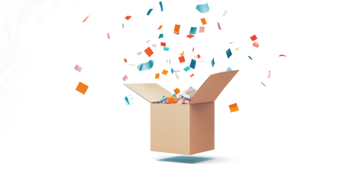 Box with tape flying open, contents spilling out mid-air, isolated on white