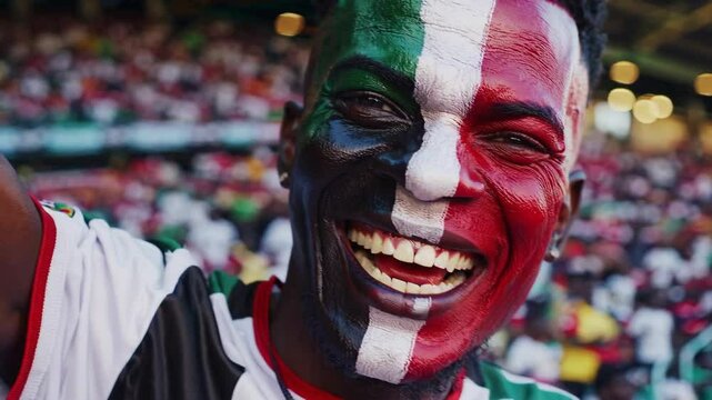 Smiling Sudanese sports fan with vibrant flag face paint at a stadium event  
