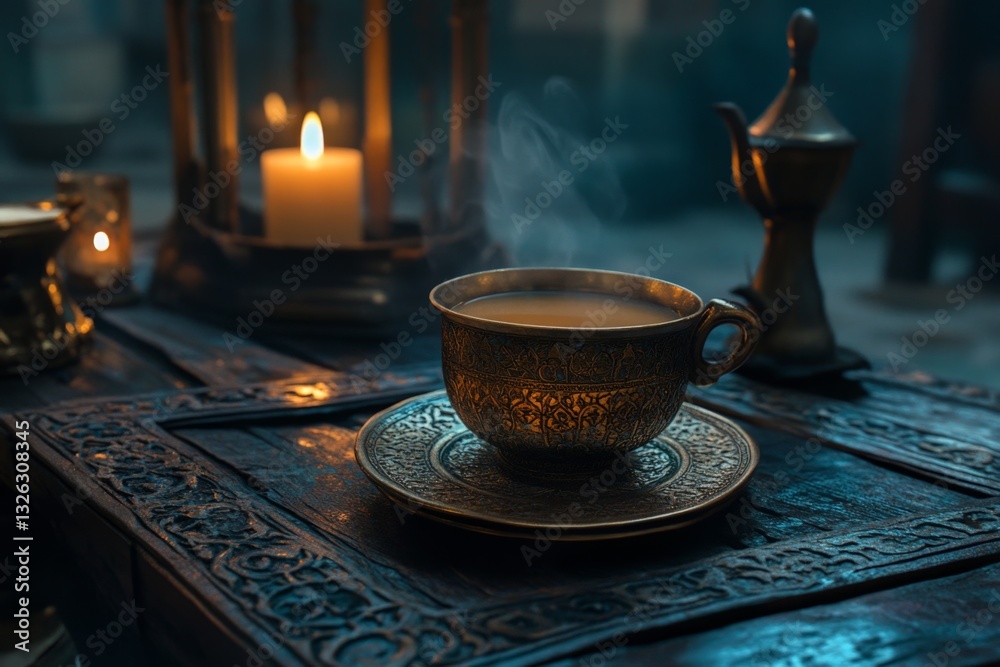 Aufkleber warm tea resting on an intricately designed table with candlelight illuminating a serene evening atm