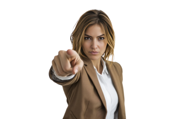 Businesswoman pointing forward with determination, symbolizing leadership and focus, on white background