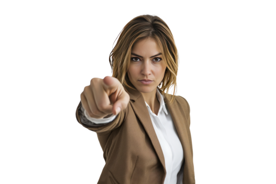 Businesswoman pointing forward with determination, symbolizing leadership and focus, on white background