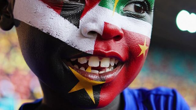 Excited Sudanese child with vibrant flag face paint cheering at a sports event  

