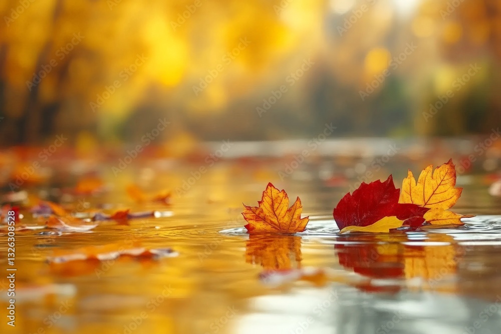 Aufkleber autumn leaves float gently on a serene river reflecting vibrant fall colors in a tranquil setting