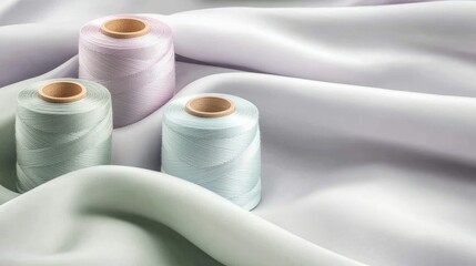 Bright and colorful spools of thread are beautifully arranged on luxurious silky fabric, creating a vibrant crafting atmosphere