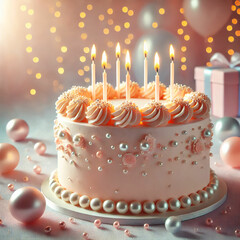 Elegant Birthday Cake with Candles and Pearlescent Decorations. A stunningly decorated birthday cake with soft pastel hues of pink, blue, and lavender. The cake is adorned with shimmering edible pearl