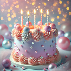Elegant Birthday Cake with Candles and Pearlescent Decorations. A stunningly decorated birthday cake with soft pastel hues of pink, blue, and lavender. The cake is adorned with shimmering edible pearl