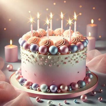 Elegant Birthday Cake with Candles and Pearlescent Decorations. A stunningly decorated birthday cake with soft pastel hues of pink, blue, and lavender. The cake is adorned with shimmering edible pearl