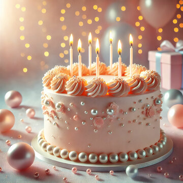 Elegant Birthday Cake with Candles and Pearlescent Decorations. A stunningly decorated birthday cake with soft pastel hues of pink, blue, and lavender. The cake is adorned with shimmering edible pearl