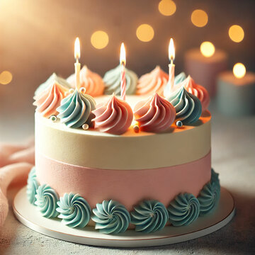 Elegant Pastel Birthday Cake with Candles. A beautifully decorated birthday cake with soft pastel hues of pink, cream, and blue. The cake features smooth buttercream frosting with a gradient effect an