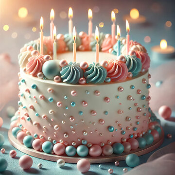 Elegant Birthday Cake with Candles and Pearlescent Decorations. A stunningly decorated birthday cake with soft pastel hues of pink, blue, and lavender. The cake is adorned with shimmering edible pearl