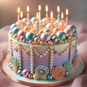 Elegant Birthday Cake with Candles and Pearlescent Decorations. A stunningly decorated birthday cake with soft pastel hues of pink, blue, and lavender. The cake is adorned with shimmering edible pearl