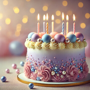 Elegant Birthday Cake with Candles and Pearlescent Decorations. A stunningly decorated birthday cake with soft pastel hues of pink, blue, and lavender. The cake is adorned with shimmering edible pearl