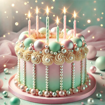 Elegant Birthday Cake with Candles and Pearlescent Decorations. A stunningly decorated birthday cake with soft pastel hues of pink, blue, and lavender. The cake is adorned with shimmering edible pearl