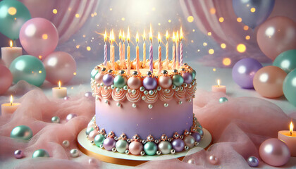 Elegant Birthday Cake with Candles and Pearlescent Decorations. A stunningly decorated birthday cake with soft pastel hues of pink, blue, and lavender. The cake is adorned with shimmering edible pearl
