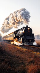 Obraz premium Majestic vintage steam train chugging along the rails with billowing smoke evoking a sense of nostalgia and adventure