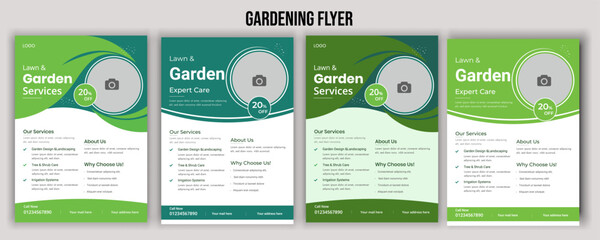 Lawn mower landscaping garden service flyer brochure cover template. Tree and gardening service poster leaflet design. lawnmower flyer template.
