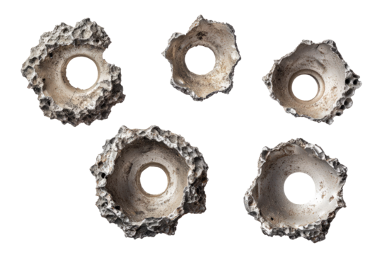 Collection of five bullet holes in metal, different sizes and jagged edges, isolated on a white background