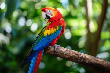 Fototapeta premium Colorful macaw perched on a branch in a lush tropical environment during daylight hours